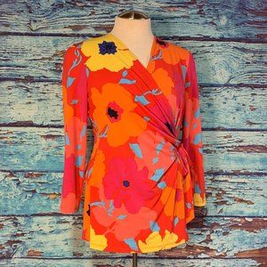 Anne Klein Vibrant Floral Faux Wrap Long Sleeved Blouse